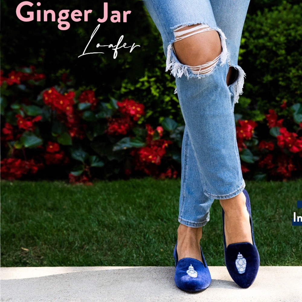Jack Rogers Rare Midnight Blue Velvet Ginger Jar Vase Loafers Flats Size 7.5